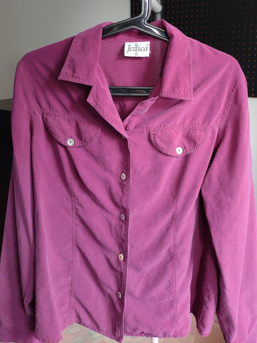 Vintage Jessica 100% Silk Button Down Shirt Size M - Solid Purple Pink Fuchsia